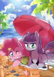  2015 beach bikini blue_eyes cbreturn clothing cloud coconut day drupe_(fruit) duo earth_pony equid equine female feral food friendship_is_magic fruit green_eyes hair hi_res horse long_hair mammal maud_pie_(mlp) my_little_pony one_eye_closed palm_tree pink_hair pinkie_pie_(mlp) plant pony purple_hair sand seaside sibling sister sisters smile swimwear teeth towel tree umbrella water wink 