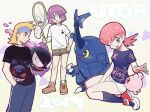  1girl 2boys ;d alternate_costume bangs black_shirt blonde_hair blush_stickers brown_footwear bugsy_(pokemon) character_print choker commentary_request eyelashes gastly gen_1_pokemon gen_2_pokemon gengar great_ball hand_on_hip hands_in_pockets headband heracross holding_butterfly_net igglybuff jigglypuff knees medium_hair morty_(pokemon) multiple_boys nibo_(att_130) one_eye_closed open_mouth pants pink_hair poke_ball pokemon pokemon_(creature) pokemon_(game) pokemon_gsc pokemon_hgss purple_eyes purple_hair shirt shoes short_hair short_sleeves shorts smile socks t-shirt tied_hair unown unown_? white_shirt white_shorts whitney_(pokemon) 