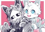  ambiguous_gender anthro black_body black_fur blue_eyes blush canid canine canis changed_(video_game) duo exepresso fur hi_res lin_(changed) looking_at_viewer male mammal mask open_mouth pawpads puro_(changed) red_background simple_background white_body white_eyes white_fur wolf 