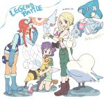  1boy 2girls azelf bandaid beedrill blonde_hair blue_footwear blue_gloves blue_shorts blush boots brown_footwear bugsy_(pokemon) closed_eyes commentary_request crop_top dated drinking drinking_straw gen_1_pokemon gen_3_pokemon gen_4_pokemon gen_5_pokemon gloves green_eyes green_pants green_shirt green_shorts green_wristband gym_leader hair_ornament holding holding_pokemon holster leaning_forward legendary_pokemon masquerain multiple_girls nibo_(att_130) open_mouth pants pokemon pokemon_(creature) pokemon_(game) pokemon_bw pokemon_hgss pokemon_xy purple_eyes purple_hair red_hair shiny shiny_hair shirt shoes short_hair short_hair_with_long_locks short_shorts shorts sidelocks skyla_(pokemon) sleeveless sleeveless_shirt smile standing swanna teeth thigh_holster tongue translation_request viola_(pokemon) white_shirt wristband 