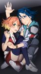  1boy 1girl blonde_hair blue_eyes blue_hair blue_hoodie blush bright_pupils collarbone collared_shirt flat_chest freyja_wion green_eyes hand_on_another&#039;s_chest hayate_immelmann highres hood hoodie jacket macross macross_delta mosako multicolored_hair open_hand open_mouth orange_hair red_skirt shirt sitting skirt sweatdrop thighhighs trapped white_jacket white_pupils white_shirt 