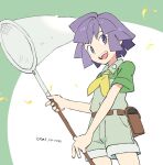  1boy :d belt bugsy_(pokemon) collared_shirt dated green_shirt green_shorts gym_leader holding holding_butterfly_net leaves_in_wind looking_back male_focus nibo_(att_130) open_mouth pokemon pokemon_(game) pokemon_hgss purple_eyes purple_hair shirt short_hair shorts smile solo teeth tongue 