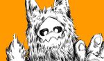  ambiguous_gender anthro canid canine canis changed_(video_game) exepresso fur hi_res looking_at_viewer mammal mask monotone_body monotone_fur open_hand orange_background pawpads puro_(changed) simple_background solo wolf 