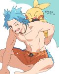  1boy barefoot blue_hair blush brawly_(pokemon) commentary_request dated gen_3_pokemon gym_leader leaning_forward looking_at_viewer makuhita male_focus nibo_(att_130) one_eye_closed open_mouth pokemon pokemon_(creature) pokemon_(game) pokemon_on_back pokemon_oras shirtless shorts smile teeth tongue translation_request 