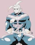  1boy all_might antenna_hair bara blush bodysuit boku_no_hero_academia bulge covered_abs food food_on_body ice_cream large_pectorals male_focus mature_male muscular muscular_male nipples redjack_036 short_hair sitting smile solo spread_legs thick_thighs thighs torn_bodysuit torn_clothes 