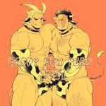  2021 2boys all_might alternate_costume animal_ears ass bara black_collar boku_no_hero_academia bulge chest_hair chinese_zodiac collar cow_boy cow_ears cow_horns cow_tail elbow_gloves facial_hair feet_out_of_frame gloves happy_new_year holding_hands horns kemonomimi_mode large_pectorals leg_hair male_focus male_pubic_hair mature_male multiple_boys muscular muscular_male muted_color new_year orange_theme panties pectoral_docking pectoral_press print_gloves print_panties pubic_hair redjack_036 scar scar_across_eye short_hair sideburns spiked_hair stubble suggestive_fluid tail thick_thighs thighs todoroki_enji underwear underwear_only yaoi year_of_the_ox 