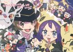  2boys 4girls acerola_(pokemon) agatha_(pokemon) antenna_hair bangs baseball_cap black_headwear black_legwear blonde_hair blue_eyes blunt_bangs blush_stickers boots brown_eyes brown_hair chandelure drifblim eyelashes gen_1_pokemon gen_3_pokemon gen_4_pokemon gen_5_pokemon gen_7_pokemon gengar glasses gloves grey_eyes hands_up hat headband hilbert_(pokemon) hilda_(pokemon) holding hood hood_up jewelry long_sleeves looking_at_viewer mightyena mimikyu morty_(pokemon) multiple_boys multiple_girls necklace nibo_(att_130) one_eye_closed open_mouth pokemon pokemon_(game) pokemon_bw pokemon_frlg pokemon_hgss pokemon_masters_ex purple_hair shauntal_(pokemon) shirt sidelocks single_glove smile socks teeth tepig tongue v-shaped_eyebrows vest white_shirt |d 