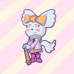  accessory aggressive_retsuko baseball_bat bat_(object) bottomwear chinchilla chinchillid clothed clothing el_se&ntilde;or_erizo eyelashes female hair_accessory hair_bow hair_ribbon mammal manaka_(aggretsuko) ribbons rodent sanrio scarf simple_background smile solo 