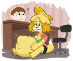  animal_crossing belly bf-felz big_belly breasts canid canine canis chair clothed clothing domestic_dog female female_pred furniture holding_stomach human isabelle_(animal_crossing) male mammal navel nintendo office_chair open_clothing open_shirt open_topwear oral_vore shirt topwear video_games villager_(animal_crossing) vore 