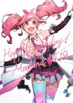  1girl absurdres breasts brown_eyes character_name cleavage clothing_cutout detached_collar elbow_gloves floating_hair gloves happy_birthday highres idol idol_clothes leaning_forward macross macross_delta makina_nakajima mosako navel navel_cutout necktie open_mouth pink_hair pink_skirt purple_neckwear skirt solo thighhighs twintails 