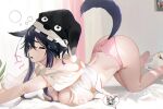  1girl ;o animal_ears animal_print arknights ass bangs bare_legs bed black_headwear breasts cat_panties cat_print cat_stretch cleavage drooling eyebrows_visible_through_hair fang hat highres indoors large_breasts long_hair looking_at_viewer nightcap omone_hokoma_agm on_bed one_eye_closed open_pajamas pajamas panties pink_panties print_panties purple_hair saliva sidelocks solo stretch tail texas_(arknights) thighs underwear waking_up white_pajamas wolf_ears wolf_girl wolf_tail yellow_eyes 