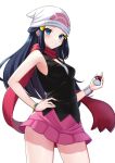  1girl bangs bare_shoulders beanie black_shirt blue_eyes blue_hair bracelet breasts commentary_request contrapposto cowboy_shot dawn_(pokemon) hair_ornament hand_on_hip hat holding holding_poke_ball jewelry long_hair looking_at_viewer medium_breasts pink_skirt poke_ball poke_ball_(basic) pokemon pokemon_(game) pokemon_dppt red_scarf scarf shirt skirt sleeveless sleeveless_shirt smile solo tasuku_(user_fkzv3343) white_background 