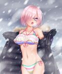  1girl bangs bare_shoulders bikini black-framed_eyewear black_coat black_gloves breasts cleavage coat collarbone commentary_request cowboy_shot eyebrows_visible_through_hair fate/grand_order fate_(series) front-tie_bikini front-tie_top fur-trimmed_coat fur_trim glasses gloves grey_sky groin hair_between_eyes hair_over_one_eye halterneck highres large_breasts looking_to_the_side mash_kyrielight midriff mountainous_horizon multicolored multicolored_bikini multicolored_clothes navel open_mouth outdoors pink_hair purple_eyes rainbow_bikini sheer_clothes short_hair side-tie_bikini sidelocks snowing solo standing striped striped_bikini sweat swimsuit swimsuit_of_perpetual_summer_ver.02 tsuboyarou undressing visible_air winter winter_clothes winter_coat 