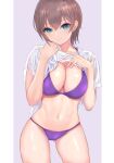  1girl ana_(vvvvor) bikini blue_eyes breasts brown_hair cleavage commentary_request contrapposto cowboy_shot grey_background large_breasts lifted_by_self looking_at_viewer original purple_bikini shirt shirt_lift short_hair solo swimsuit t-shirt two-tone_background white_shirt 