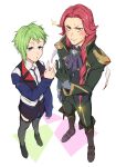  1boy 1girl :o ascot blue_eyes blue_neckwear blush bogue_con-vaart embarrassed flat_chest green_hair green_suit hand_gesture highres long_hair looking_up macross macross_delta mosako red_hair reina_prowler short_hair sweat sweating_profusely walkure_(macross_delta) 