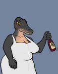  anthro bedroom_eyes big_breasts blush breasts clothed clothing continuity_(artist) crocodile crocodilian crocodylid female hi_res narrowed_eyes non-mammal_breasts reptile scalie seductive slightly_chubby solo wine_bottle 