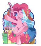  2016 absurd_res blue_eyes cannon cbreturn clothing confetti cupcake earth_pony equid equine female feral food friendship_is_magic gift hair hat headgear headwear hi_res horse long_hair mammal my_little_pony one_eye_closed open_mouth open_smile party_hat pink_hair pinkie_pie_(mlp) pony ranged_weapon smile solo teeth tongue weapon wink 