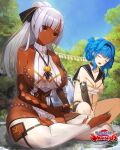  2girls breasts dark_skin dark_skinned_female feet highres hozoin_in&#039;ei_(sengouku_bushouki_muramasa) large_breasts multiple_girls ponytail pupps red_eyes ribbon sengoku_bushouki_muramasa shiny shiny_skin sideboob snow veil white_hair 