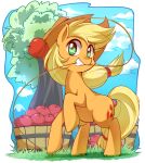  2016 absurd_res apple applejack_(mlp) blonde_hair cbreturn clothing cloud cutie_mark day detailed_background earth_pony equid equine female feral food freckles friendship_is_magic fruit grass green_eyes hair hasbro hat headgear headwear hi_res horse long_hair mammal my_little_pony plant pony rope solo teeth tree 