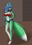  anklet anthro aventis aventis_vixxx blue_hair bracelet breasts canid canine clothing collar eyeshadow female fox fur green_body green_fur hair hi_res jewelry makeup mammal navel necklace pentagram solo tight_clothing 