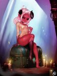  absurd_res athletic athletic_female athletic_humanoid black_sclera breasts broken_horn covering_nipples demon female filemonte hair hi_res horn humanoid multicolored_body nude patchwork_creature pink_hair red_eyes sitting small_breasts solo thick_thighs treasure_chest wide_hips 