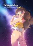  1girl :d amanogawa_kirara arm_behind_back arm_up armpit_crease ass bangs bare_arms bare_legs bare_shoulders blunt_bangs bottomless bow brown_hair camisole character_name cover cover_page cowboy_shot crop_top doujin_cover earrings english_text eyebrows_visible_through_hair frilled_camisole go!_princess_precure hair_bow hairband halterneck happy highres jewelry long_hair looking_at_viewer looking_back low-tied_long_hair low_twintails milky_way open_mouth precure purple_eyes round_teeth sky smile solo space star_(sky) star_(symbol) star_earrings starry_sky teeth twintails ukokkei upper_teeth white_camisole yellow_bow yellow_camisole yellow_hairband 