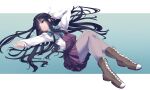  001machi 1girl absurdres black_hair boots bow bowtie brown_eyes cross-laced_footwear dress full_body grey_legwear hair_over_one_eye halterneck hayashimo_(kancolle) highres hime_cut kantai_collection lace-up_boots long_hair lying pantyhose parted_lips school_uniform shirt solo very_long_hair white_shirt 