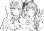  2girls absurdres alternate_costume bangs beret collared_shirt drill_hair fur_jacket fur_scarf greyscale hair_between_eyes hat highres kaname_buccaneer leaning_on_person long_hair macross macross_delta mikumo_guynemer monochrome mosako multiple_girls off-shoulder_jacket shirt short_hair sketch sleeveless sleeveless_shirt smile upper_body 