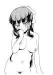  1girl bangs blunt_bangs blush bow breasts collarbone completely_nude ear_blush embarrassed greyscale hair_bow hair_grab highres large_breasts long_hair looking_away mole mole_on_breast monochrome navel new_game! nipples nude pubic_hair shy sidelocks simple_background sketch solo stomach takimoto_hifumi twintails ukokkei upper_body very_long_hair white_background 
