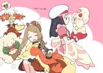  2girls alcremie alcremie_(strawberry_sweet) apron black_hair blush_stickers brown_hair brushing closed_eyes commentary_request dated dawn_(pokemon) delphox dress eyelashes food food_on_face gen_5_pokemon gen_6_pokemon gen_8_pokemon hair_brush hair_ornament hat holding holding_pokemon long_hair mittens multiple_girls nibo_(att_130) open_mouth oven_mitts pink_dress pokemon pokemon_(creature) pokemon_(game) pokemon_masters_ex serena_(pokemon) smile tongue whimsicott white_headwear 