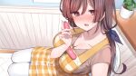  apron blush brown_eyes brown_hair long_hair mankai_kaika original ponytail vibrator 