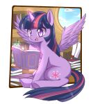  2016 absurd_res aura book bookshelf cbreturn cloud cutie_mark day detailed_background equid equine feathered_wings feathers female feral friendship_is_magic furniture hair hasbro hi_res horn long_hair mammal multicolored_hair my_little_pony open_mouth open_smile purple_eyes purple_hair sitting smile solo twilight_sparkle_(mlp) window winged_unicorn wings 