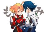  1boy 1girl annoyed bangs blue_hair blush bodysuit couple freyja_wion green_eyes groping hair_behind_ear hair_between_eyes hair_ornament hayate_immelmann heart heart_hair_ornament hetero highres looking_down macross macross_delta mosako orange_hair pilot_suit science_fiction short_hair short_sidetail side_ponytail 