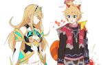  1boy 1girl armor banana_peel bangs bare_shoulders blonde_hair blue_eyes blush breasts chest_jewel dress earrings elbow_gloves flower gloves headpiece jewelry long_hair mugimugis mythra_(xenoblade) shulk_(xenoblade) super_smash_bros. swept_bangs tiara vest xenoblade_chronicles xenoblade_chronicles_(series) xenoblade_chronicles_2 