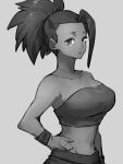  1girl bare_shoulders breasts cleavage collarbone dragon_ball dragon_ball_super grey_background greyscale hand_on_hip kale_(dragon_ball) kemachiku looking_at_viewer midriff monochrome navel ponytail short_hair simple_background solo 