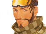  1boy apex_legends brown_eyes brown_hair checkered checkered_scarf close-up dark_skin dark_skinned_male facial_hair goatee goggles goggles_on_head hair_behind_ear hillprime light_smile looking_to_the_side male_focus mirage_(apex_legends) realistic scarf solo white_background 