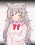  1girl :d ^_^ animal_ear_fluff animal_ears bandaid bandaid_on_face bow cat_girl closed_eyes commission gauze highres long_hair long_sleeves mushokurori nightgown open_mouth original pocket silver_hair skeb_commission sleepwear sleeves_past_wrists smile 