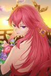  1girl backless_outfit bangs bare_shoulders closed_mouth commentary_request eyebrows_behind_hair flower from_behind gaoyang_ou_nisang genshin_impact hair_between_eyes highres horns long_hair looking_at_viewer looking_back outdoors purple_eyes red_flower red_hair smile solo sunset upper_body very_long_hair yae_(genshin_impact) 