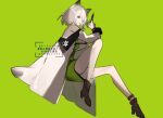  1girl aonogura arknights boots coat dress green_background green_dress high_heel_boots high_heels highres holding injection kal&#039;tsit_(arknights) labcoat looking_at_viewer lynx_ears short_hair solo white_hair 