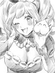 1girl bangs blush breasts cleavage cleavage_cutout clothing_cutout food fruit greyscale highres holding holding_food holding_fruit idol idol_clothes juliet_sleeves large_breasts long_sleeves macross macross_delta makina_nakajima monochrome mosako one_eye_closed open_mouth peach puffy_sleeves sketch smile solo white_background 