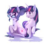  2015 cbreturn cutie_mark duo equid equine eye_contact eyewear feathered_wings feathers female feral friendship_is_magic glasses hair hi_res horn long_hair looking_at_another mammal multicolored_hair my_little_pony open_mouth open_smile purple_eyes purple_hair simple_background smile square_crossover twilight_sparkle_(mlp) unicorn winged_unicorn wings 