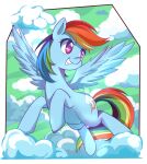  2016 absurd_res cbreturn cloud cutie_mark equid equine feathered_wings feathers female feral flying friendship_is_magic hair hi_res long_hair mammal multicolored_hair my_little_pony pegasus purple_eyes rainbow_dash_(mlp) smile solo teeth wings 