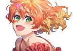  1girl absurdres bangs blonde_hair blush dress freyja_wion glowing gradient_hair green_eyes hair_behind_ear hair_between_eyes hair_ornament heart heart_hair_ornament highres macross macross_delta mosako multicolored_hair open_mouth orange_hair red_dress solo white_background 