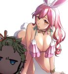  2girls :o absurdres all_fours alternate_hairstyle animal_ears annoyed bangs bangs_pinned_back bent_over bikini blue_eyes bracelet breasts brown_eyes bunny_ears bunny_tail chibi cleavage fake_animal_ears green_hair hair_behind_ear highres jewelry large_breasts leaning_forward macross macross_delta makina_nakajima medium_hair mosako multiple_girls parted_lips pink_bikini pink_hair reina_prowler short_hair swimsuit tail 