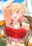  1girl :d arm_up armpits bangs bare_shoulders blonde_hair blue_sky blush breasts brown_jacket cafe-chan_to_break_time cloud collarbone commentary_request day eyebrows_visible_through_hair eyes_visible_through_hair hair_between_eyes hairband highres jacket large_breasts looking_at_viewer midriff multicolored_hair navel open_mouth porurin purple_hair red_eyes red_tank_top shirt sidelocks sky smile solo standing sweat tank_top tea_(cafe-chan_to_break_time) tied_shirt two-tone_hair upper_body upper_teeth 
