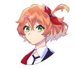  1girl :o bangs blonde_hair bow collared_shirt freyja_wion green_eyes hair_between_eyes hair_bow hair_ornament heart heart_hair_ornament looking_at_viewer macross macross_delta mosako orange_hair red_bow shirt short_sidetail side_ponytail solo uniform upper_body white_shirt 