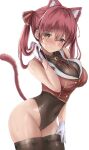  1girl animal_ears arched_back bangs bare_shoulders black_legwear black_leotard breasts cat_ears cat_tail closed_mouth cobra_(cobra_63) covered_navel eyebrows_visible_through_hair gloves hair_between_eyes hair_ribbon hand_up heterochromia highres holding holding_hair hololive houshou_marine large_breasts leaning_forward leotard long_hair looking_at_viewer neck_ribbon raised_eyebrows red_eyes red_hair red_ribbon ribbon simple_background solo sweat tail tail_raised thighhighs thighs virtual_youtuber white_background white_gloves yellow_eyes 