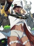  1girl bandages bangs belt cape dark_skin dark_skinned_female guilty_gear guilty_gear_strive hair_between_eyes highres huge_weapon long_hair looking_at_viewer looking_down midriff navel orange_eyes platinum_blonde_hair ramlethal_valentine short_shorts shorts simple_background solo sword thick_thighs thigh_strap thighs tina_fate weapon white_background white_cape 