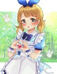  apron blue_bow blue_bowtie blue_dress blue_eyes blush bow bowtie brown_hair bunny dress forest frilled_dress frills heart heart_hands idolmaster idolmaster_million_live! idolmaster_million_live!_theater_days looking_at_viewer nature open_mouth puffy_short_sleeves puffy_sleeves ruperu short_sleeves short_twintails solo suou_momoko twintails waist_apron wrist_cuffs 