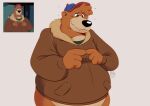  absurd_res anthro bearafterall brown_body brown_fur clothing disney ducktales ducktales_(2017) embarrassed fur hat headgear headwear hi_res jacket kit_cloudkicker male mammal slightly_chubby solo talespin topwear ursid 